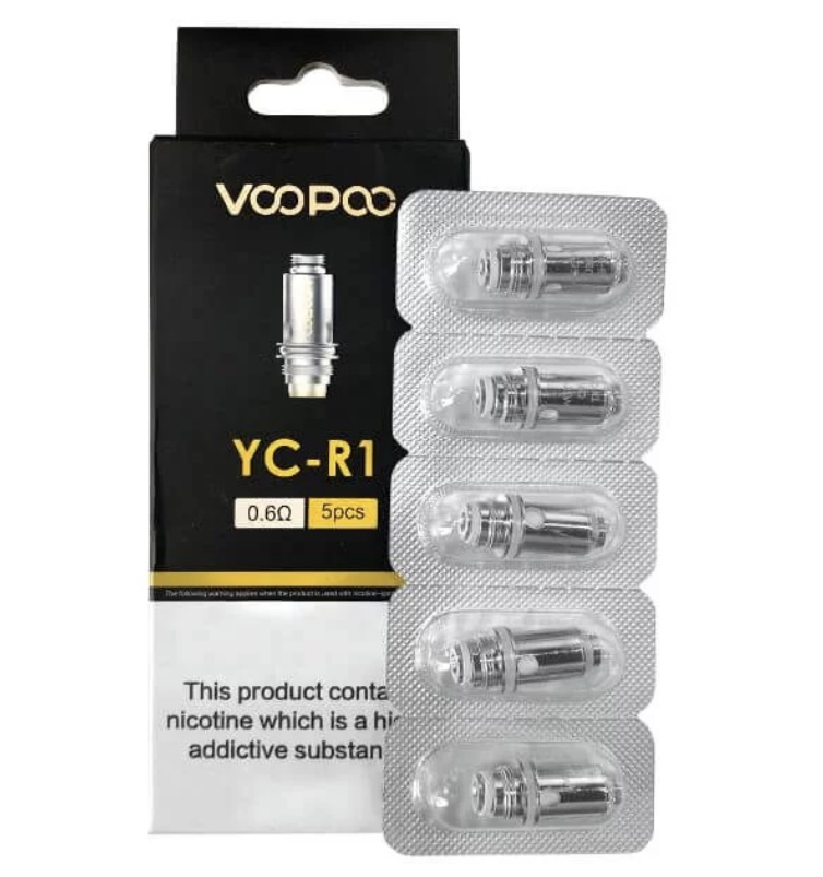 Voopoo Yc-r1 Vape Coil Pack with Five 06Ω Cartridges in Blister Packs Beside a Black Box - Australia E-cigarette Store