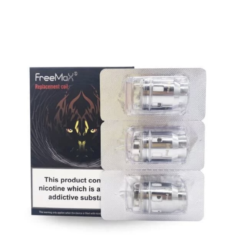Three Replacement Vape Coils in a Blister Pack Next to a Freemax Box with a Nicotine Warning Label - Australia E-cigarette Store