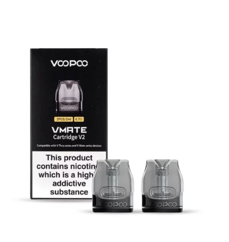 Voopoo Vmate Cartridge V2 Box with Two Transparent Pod Cartridges in Front Warning States Nicotine is Addictive - Australia E-cigarette Store