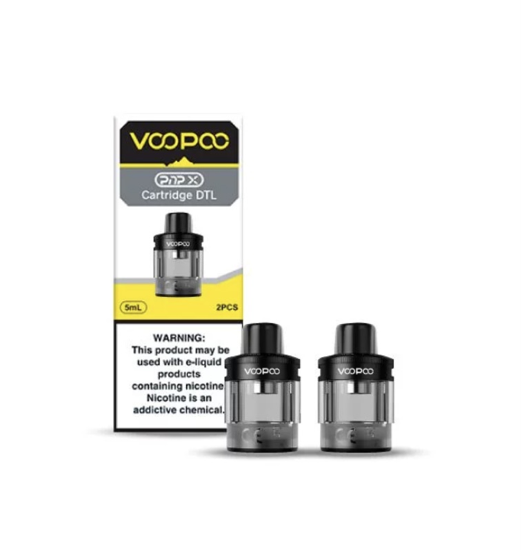 Voopoo Cartridge Dtl Vape Pods Two Black-and-silver Pods with Packaging Showing 5ml and Nicotine Warning - Australia E-cigarette Store