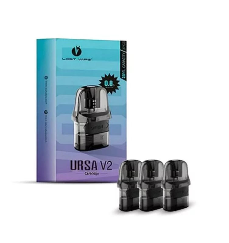 URSA V2 vape pod kit with three replacement pods beside a blue-to-purple boxed package.