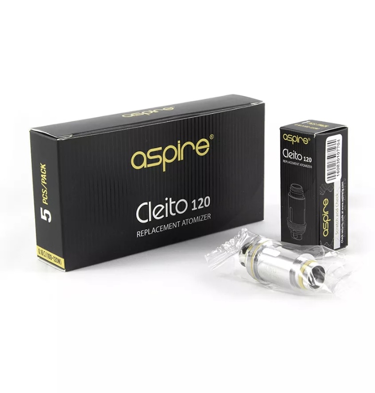 Aspire Cleito 120 replacement atomizer box with a spare coil in plastic wrap beside it, on a white background (vape device packaging).