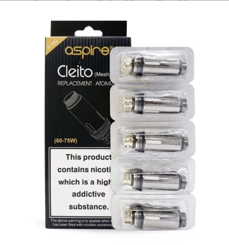 Aspire Cleito Mesh replacement atomizers in blister packs next to the box (vape coils)