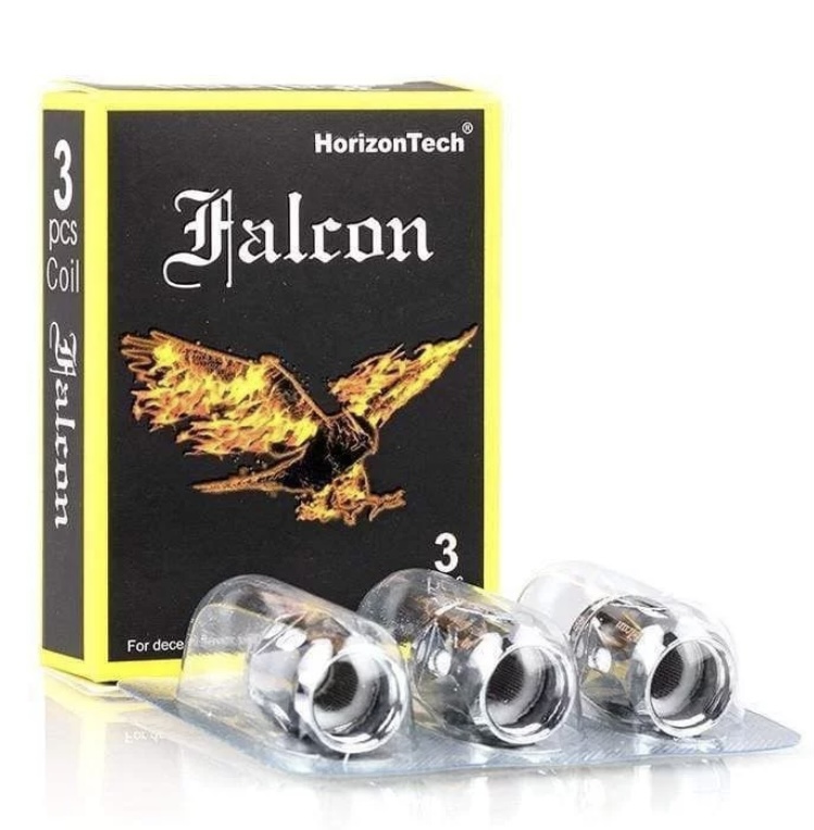 Three HorizonTech Falcon vape coils in a blister pack beside the black-and-yellow Falcon box featuring a fiery falcon logo.