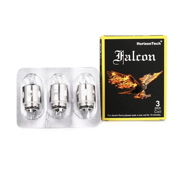 Three Falcon Coil Heads in a Blister Pack Beside a Black-and-yellow Falcon Box for Vaping Devices Replacement Coils - Australia E-cigarette Store