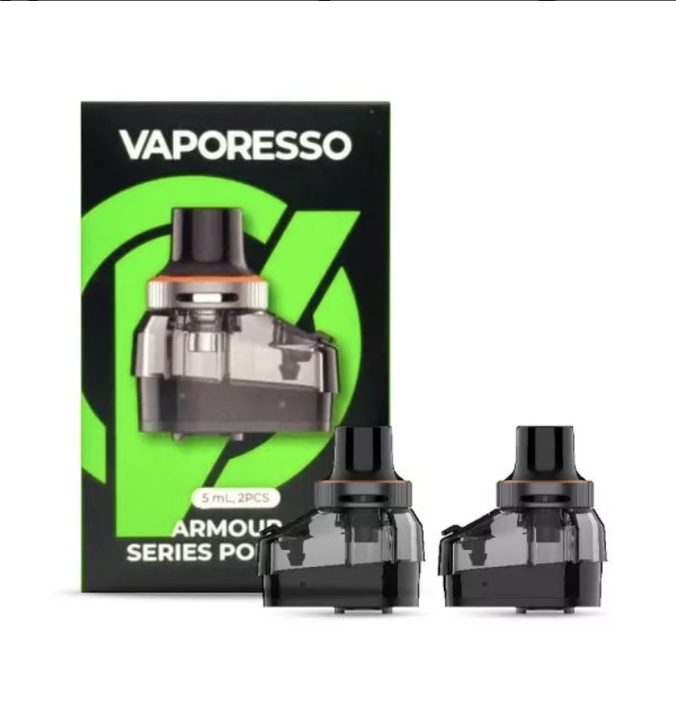 Two Vaporesso Replacement Pod Cartridges in Front of a Black-and-green Packaging Box with the Vaporesso Branding - Australia E-cigarette Store