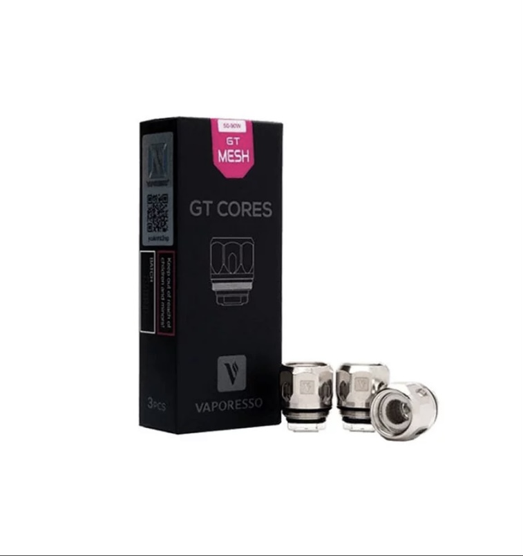 Vaporesso Gt Cores Mesh Coil Packaging with Three Chrome Coil Heads Beside a Black Box Labeled Gt Mesh and Gt Cores - Australia E-cigarette Store