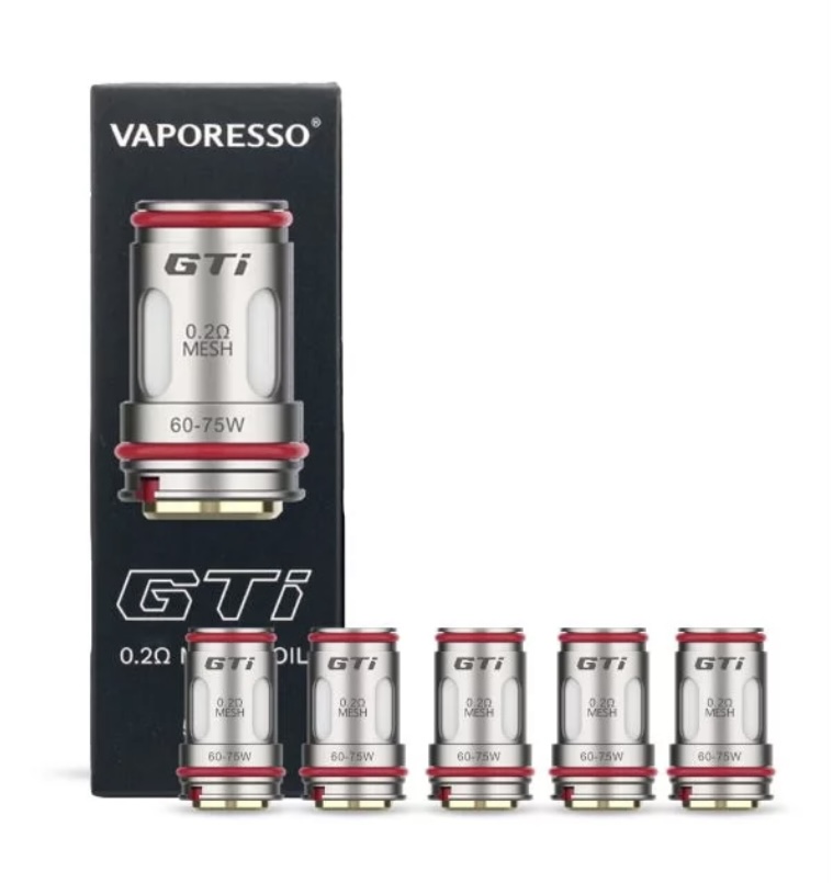 Vaporesso Gti 02Ω Mesh Coils Kit Six Replacement Coils with Red O-rings in Front of the Dark Vaporesso Box - Australia E-cigarette Store