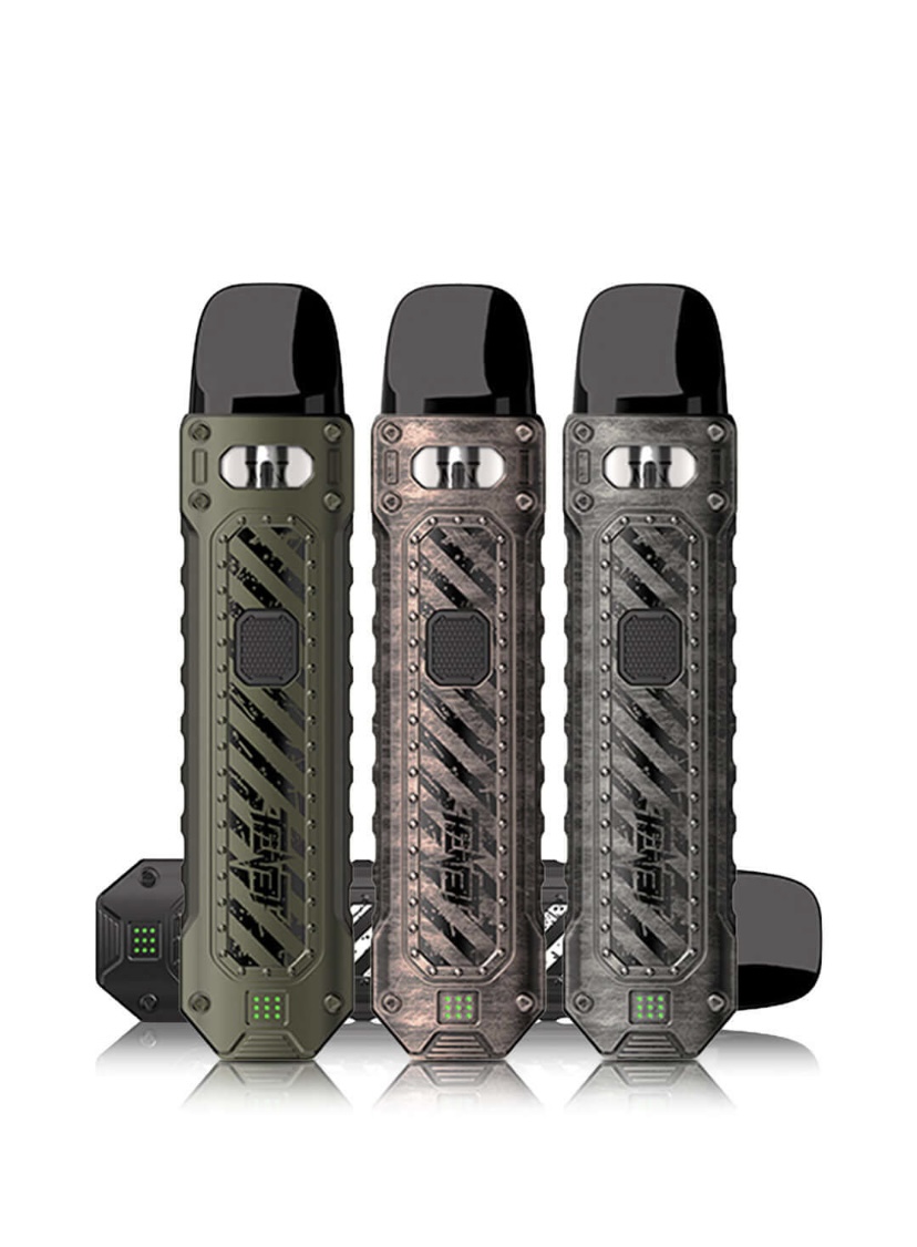 Three Rugged Metal Pod Vapes in Olive Bronze and Gunmetal with Black Mouthstips and Green Led Pads at Base product Image - Australia E-cigarette Store