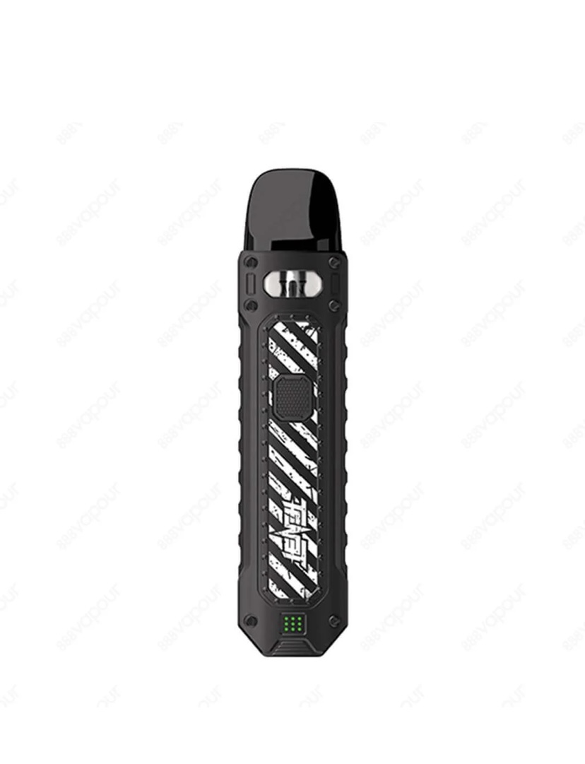 Rugged Black Pod Vape with Diagonal White Stripes and a Green Led Indicator at the Base - Australia E-cigarette Store
