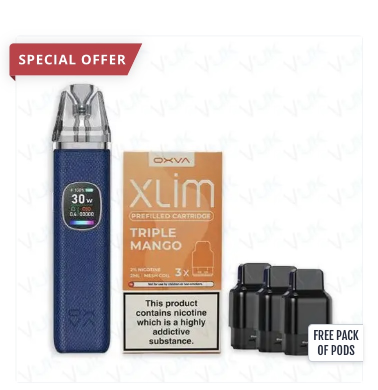 Vape Kit with a Blue Pen Device Orange Xlim Triple Mango Cartridge Box and a Pack of Pods Under a special Offer Banner - Australia E-cigarette Store