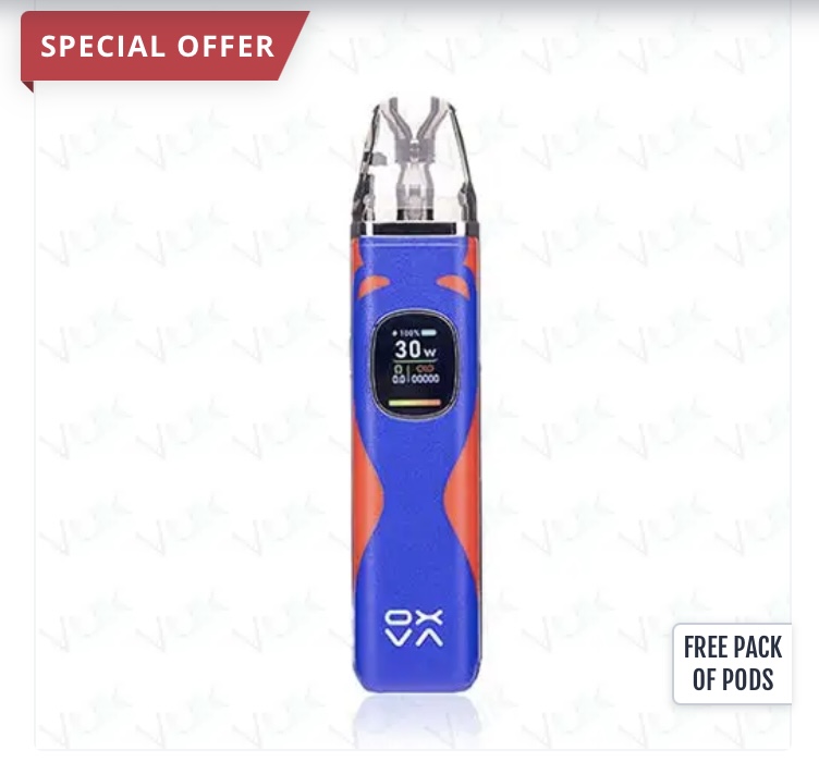 Front View of a Blue and Orange Vape Pen with a Pod at the Top and a Digital Display Showing 30w vape Mod - Australia E-cigarette Store
