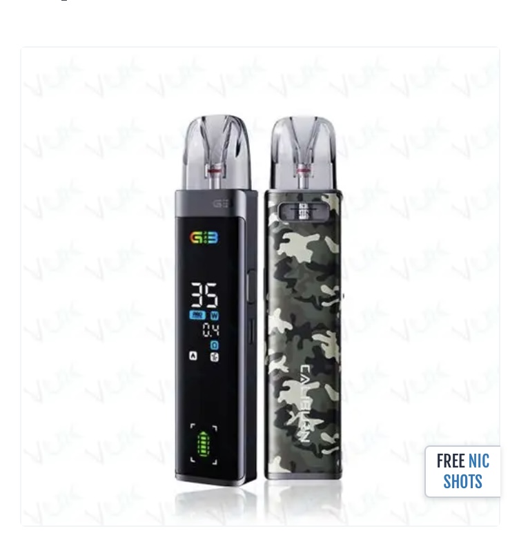 Two Vape Devices Standing Side by Side One Shows a Digital Display the Other Has a Camouflage-pattern Body with Translucent Pods - Australia E-cigarette Store