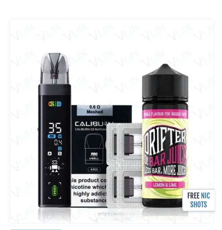 Vape Starter Kit with a Black Handheld Device Spare Coils and a Lemonlime Eliquids Bottle Nearby - Australia E-cigarette Store
