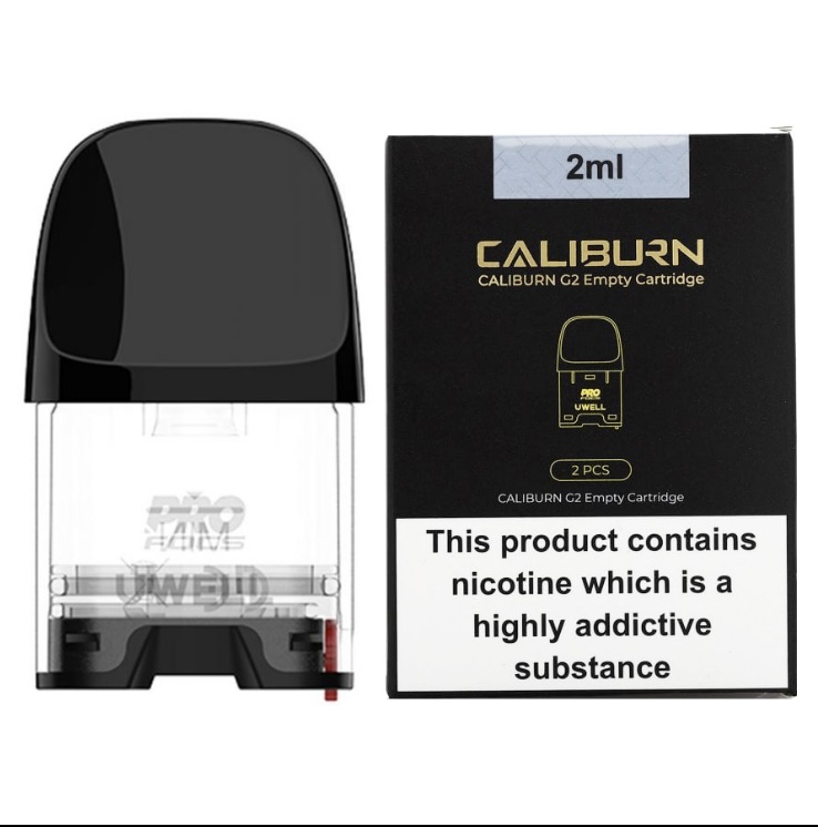 Vape Pod Device Next to a Black Caliburn G2 Empty Cartridge Box with 2ml Label and a Nicotine Warning on the Front - Australia E-cigarette Store
