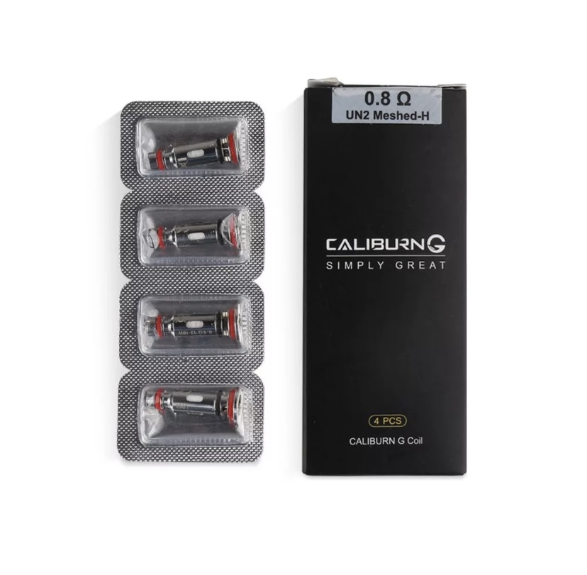 Blister Packs Containing Four Caliburn G Un2 Meshed-h 08Ω Coils Beside Black Caliburn G Box Labeled 08 Ω Un2 Meshed-h - Australia E-cigarette Store