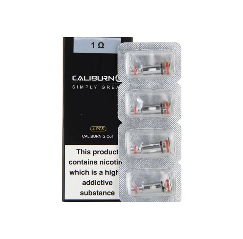 Caliburn G Coil Replacement Box Labeled 1 Ω with Four Blister Packs Containing Vape Coils Displayed Beside It - Australia E-cigarette Store