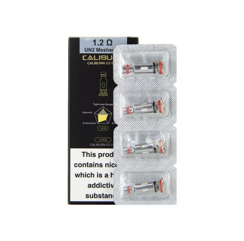 Blister Packs Containing Four Caliburn G2 Vape Coils Beside the Product Box Labeled 12 Ω - Australia E-cigarette Store