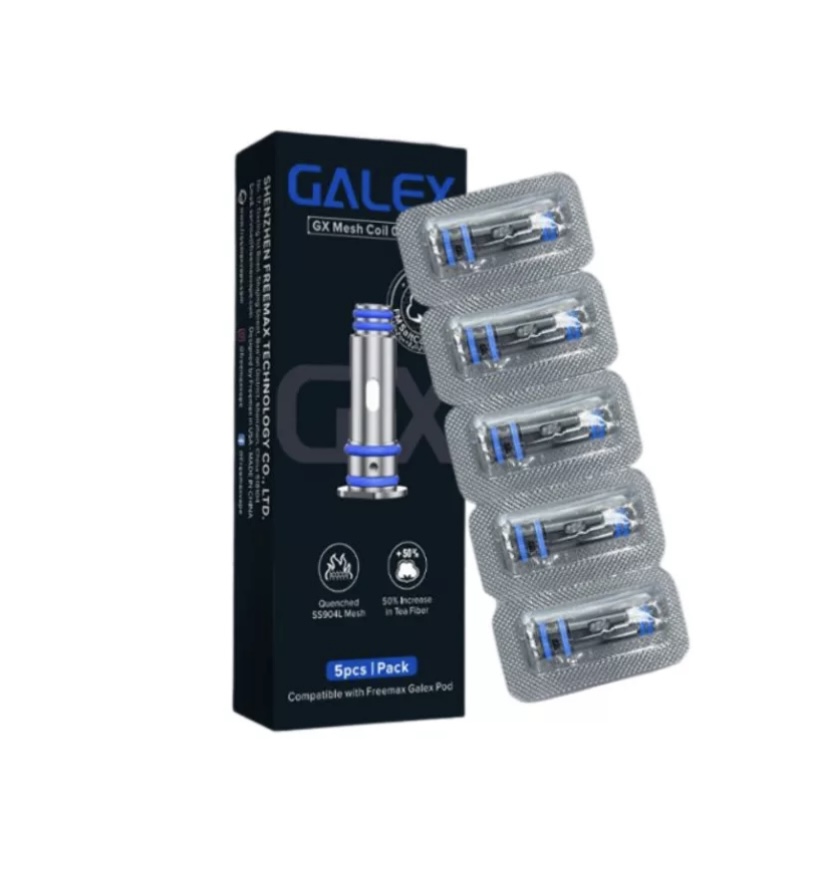Galey Gx Mesh Coil Replacement Pack with Five Pre-sealed Coils Next to a Dark Product Box for Freemax Galex Pod - Australia E-cigarette Store