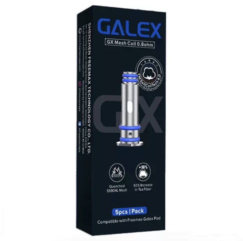 GaLex GX Mesh Coil 0.8Ω packaging showing a metallic coil with blue rings on a dark box, 5pcs pack label