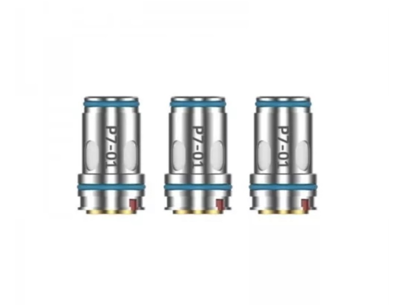 Three vape coil heads arranged in a row with blue rims (0.1Ω labeled on the coils)