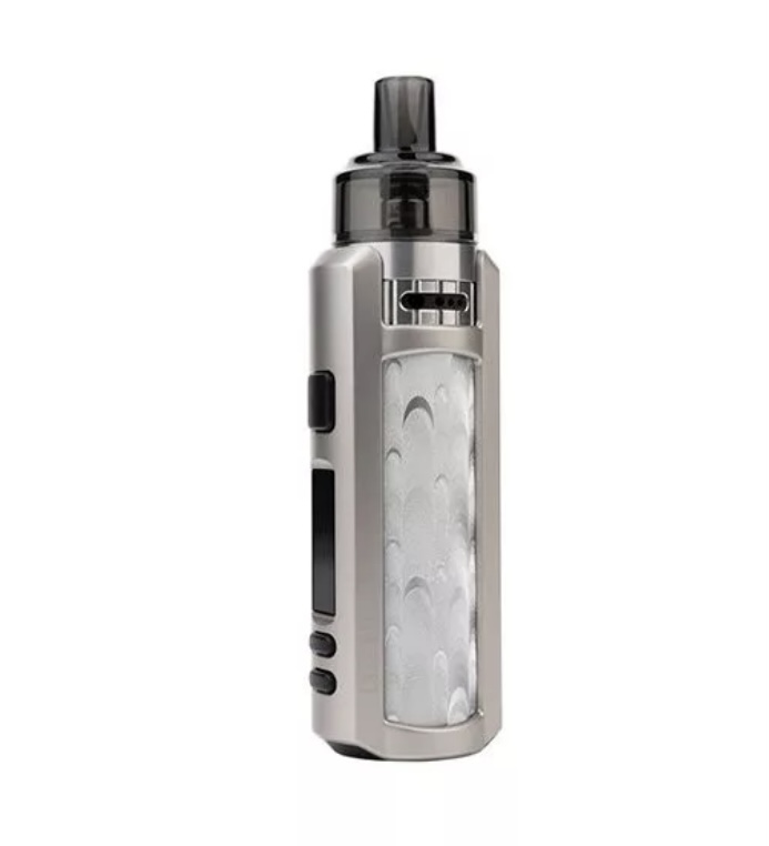 Silver handheld vape mod with a clear tank on top and a small screen on the side; compact, boxy design with control buttons nearby.