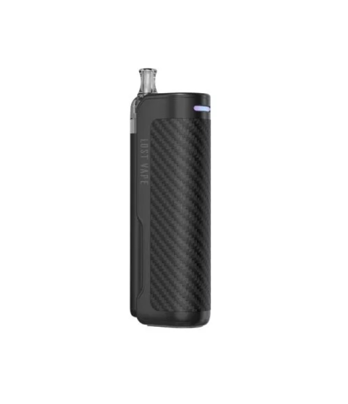 Black pod-style vape device with a carbon-fiber textured panel and a small silver mouthpiece at the top.