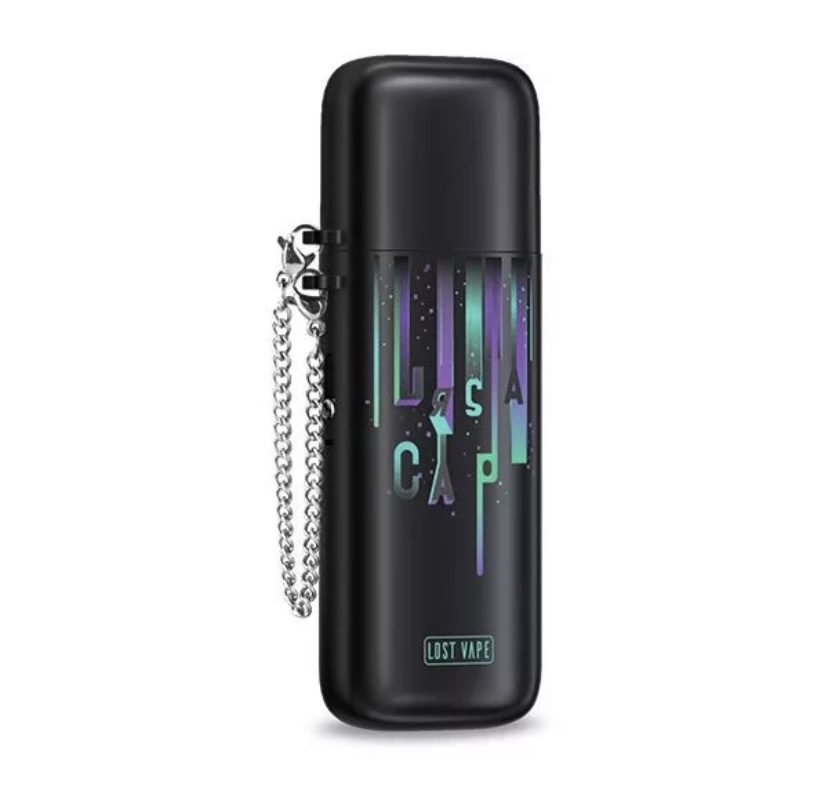 Lost Vape Lusa Cap pod device in black with a silver chain accessory