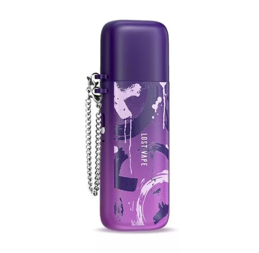 Purple Lost Vape pod device with a decorative abstract graphic and a silver chain attached to the side.