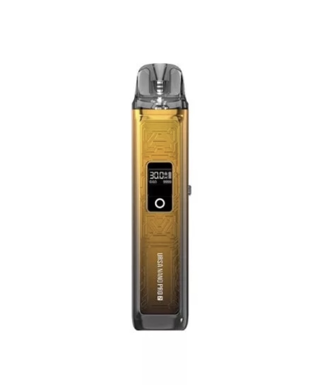 Gold and gray vape device with a digital display and circular button on the front
