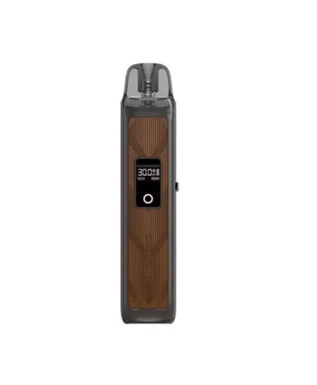 Electronic vaping device (pod mod) with a brown wood-like panel, small digital display, and a mouthpiece at the top.