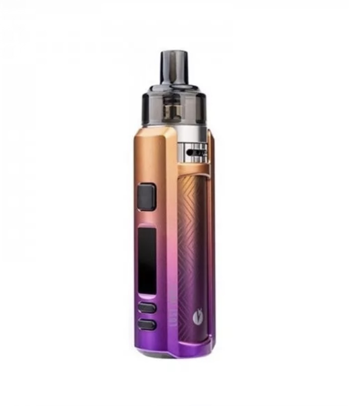 Colorful gradient vape mod with a clear tank and black mouthpiece, standing upright.