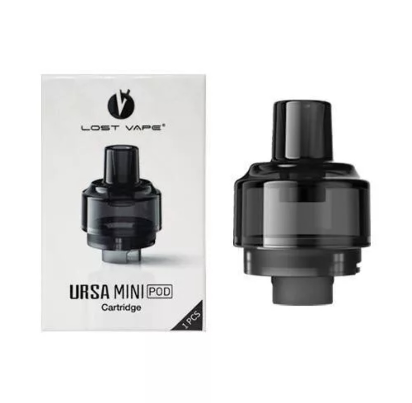 Ursa Mini Pod cartridge and its white box by Lost Vape, black translucent pod showing its mouthpiece and base.