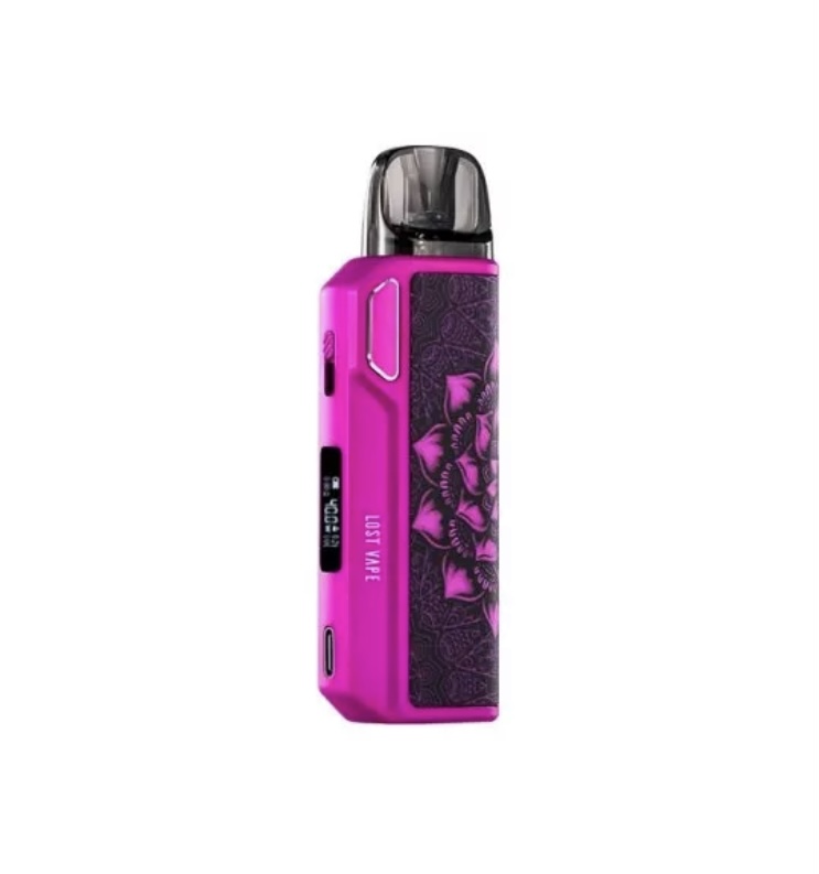 Pink Lost Vape vaping device with a purple floral panel and transparent mouthpiece on top