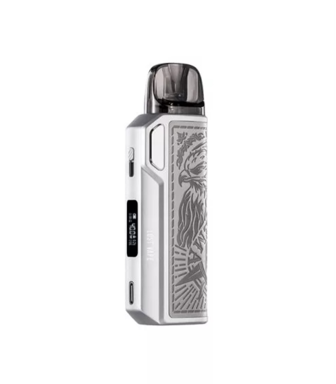 Silver pod vape with patterned panel and black mouthpiece, standing upright on white background.