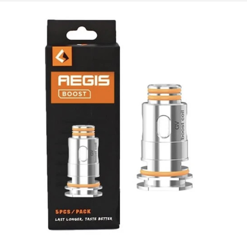 FEGIS Boost replacement vape coil next to its black packaging with orange logo and orange seals on the coil.