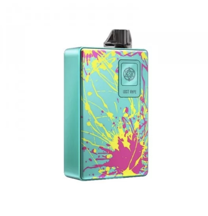 Turquoise vape mod with a neon paint-splatter design and a black mouthpiece on top, labeled 'Lost Vape' on the front panel.