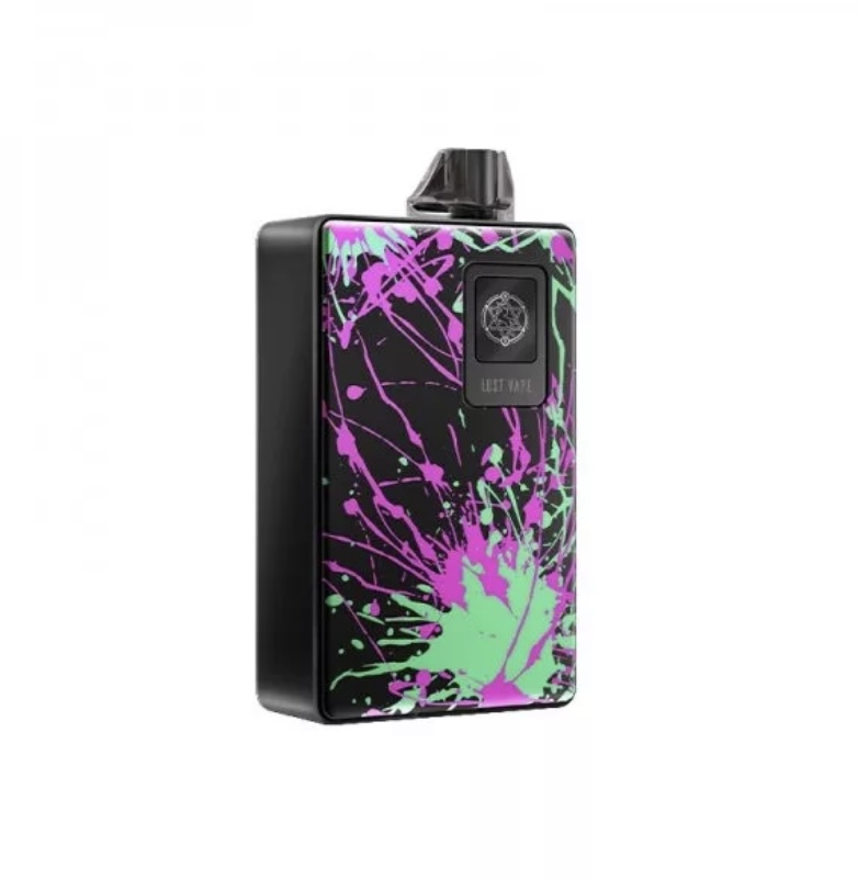 Compact vape mod with a black body and neon pink and green paint-splatter panel, featuring a pod at the top