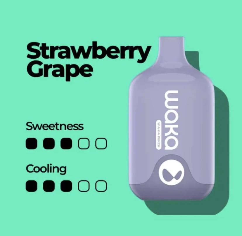 Product ad showing a lavender bottle with 'Strawberry Grape' flavor on a bright teal background; displays sweetness and cooling rating dots on the left (filled and empty).