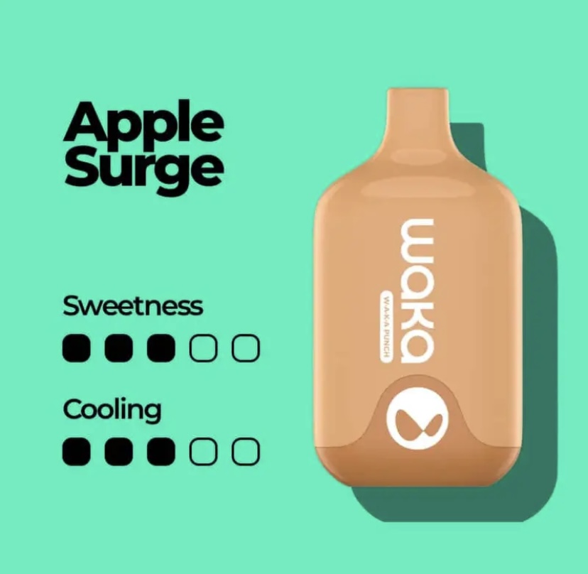 Teal background ad for a peach-colored bottle labeled 'wokka' with a shadow; the text reads 'Apple Surge' and shows two rating lines—'Sweetness' and 'Cooling'—each with four filled and one empty rating square.