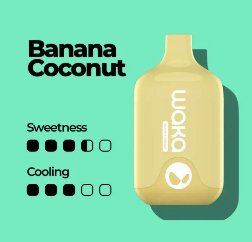Banana Coconut flavored bottle on teal background with sweetness and cooling rating icons on left.