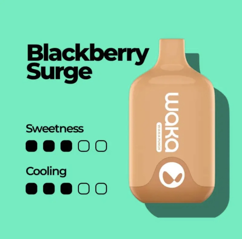 Ad for Blackberry Surge beverage: orange bottle on teal background with sweetness and cooling rating icons.