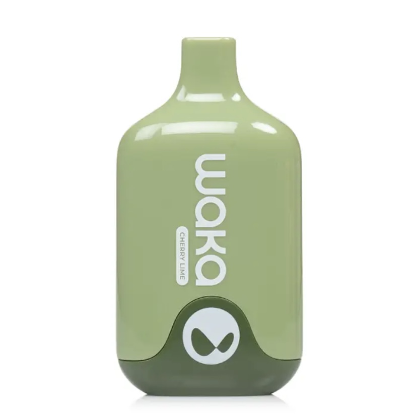 Product shot of a light-green reusable bottle labeled 'Cherry Lime' with a white logo and dark green base at the bottom edge.