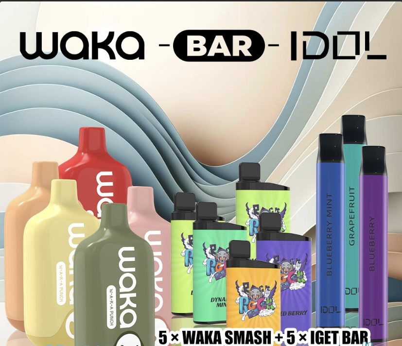 Assorted Waka Bar Product Bottles in Pastel and Bright Colors on a Wavy Backdrop Header Reads Waka Bar Idol - Australia E-cigarette Store