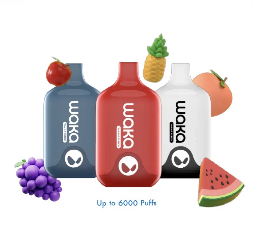 Three colored vape pods (blue, red, white) with fruit accents and the caption 'Up to 6000 Puffs', advertising a disposable device kit.