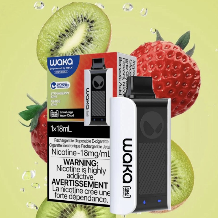 Vaping device with nicotine refill, boxed flavors, and fruit backdrop (kiwi and strawberry) suggesting fruity flavors.
