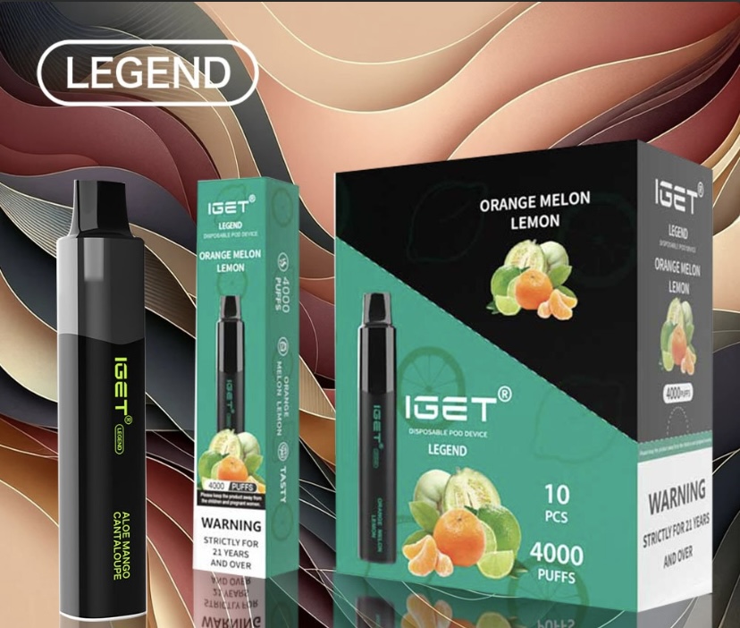 IGET Legend disposable vape devices with orange-melon-lemon flavor packaging against a swirled background.