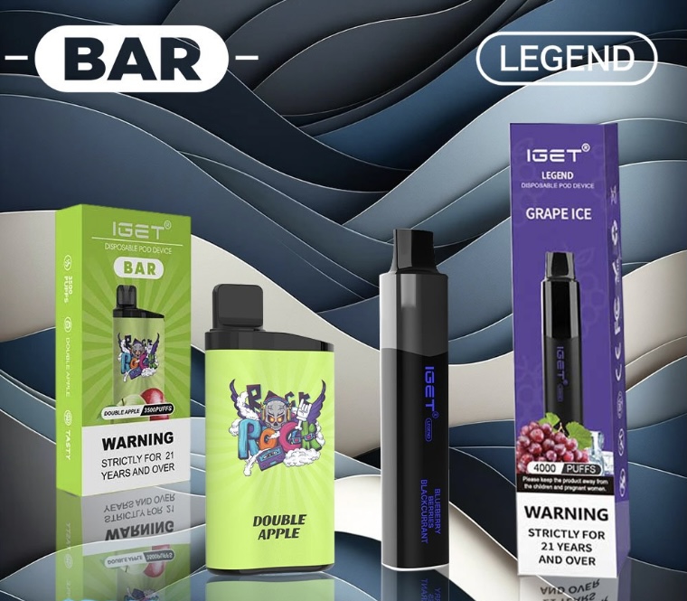 Assorted IGET Legend disposable vape devices and packaging on a blue, wavy background, with BAR and LEGEND branding visible.