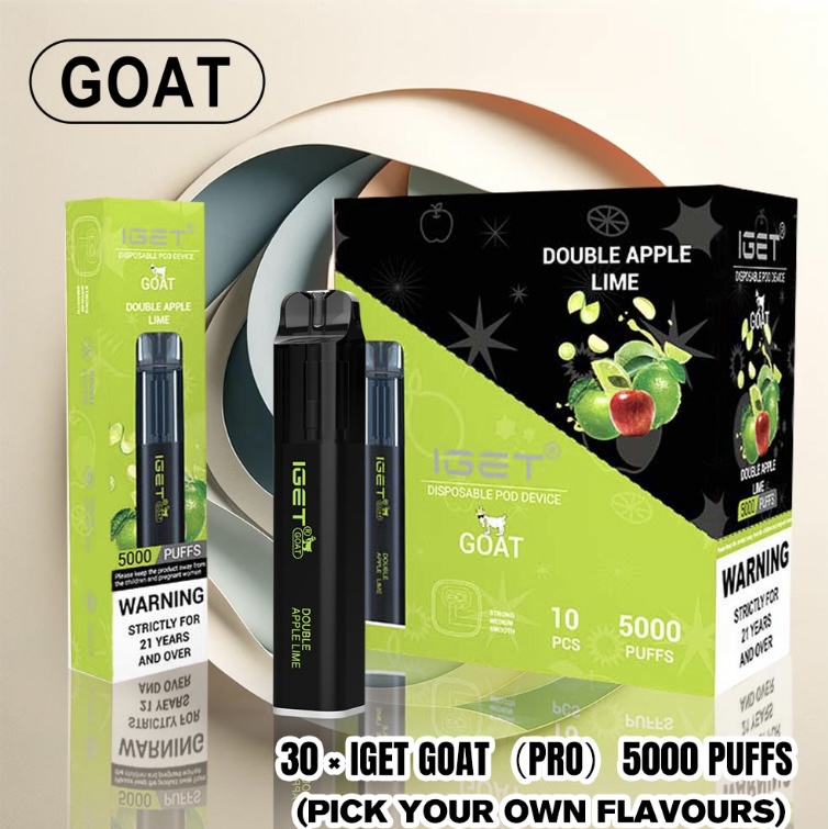Iget Goat Disposable Vape Devices and Boxes Featuring Double Apple Lime Flavor Packaging and a Lime-green Color Scheme 5000 Puffs - Informative Image for Product Listing - Australia E-cigarette Store