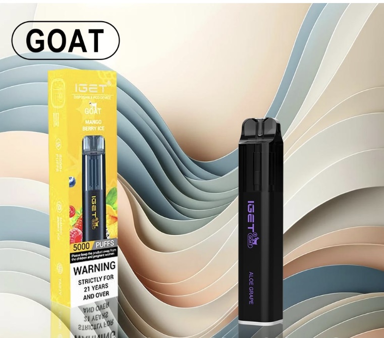 GOAT disposable vape kit: yellow mango berry ice box beside a black IGET GOAT device on a pastel abstract backdrop.